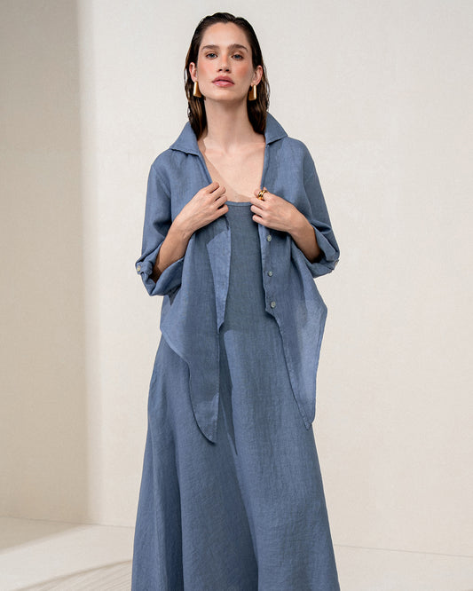 VESTIDO CECÍLIA MADRE REINA LINHO AZUL SERENO