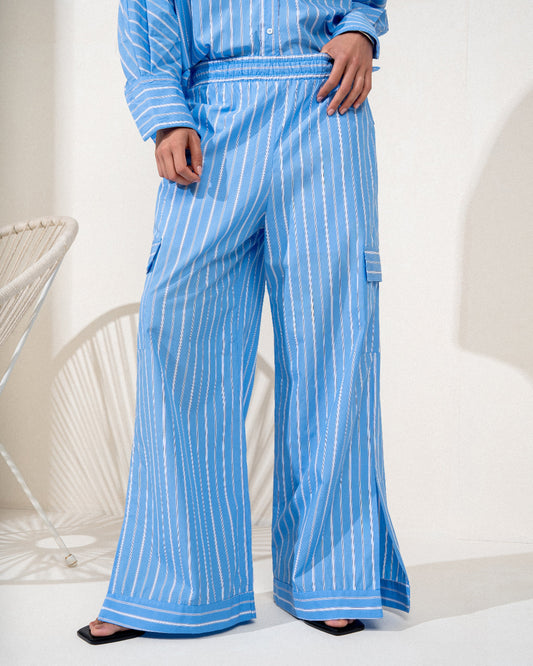 CALÇA LOLA MADRE REINA TRICOLINE LISTRAS AZUL