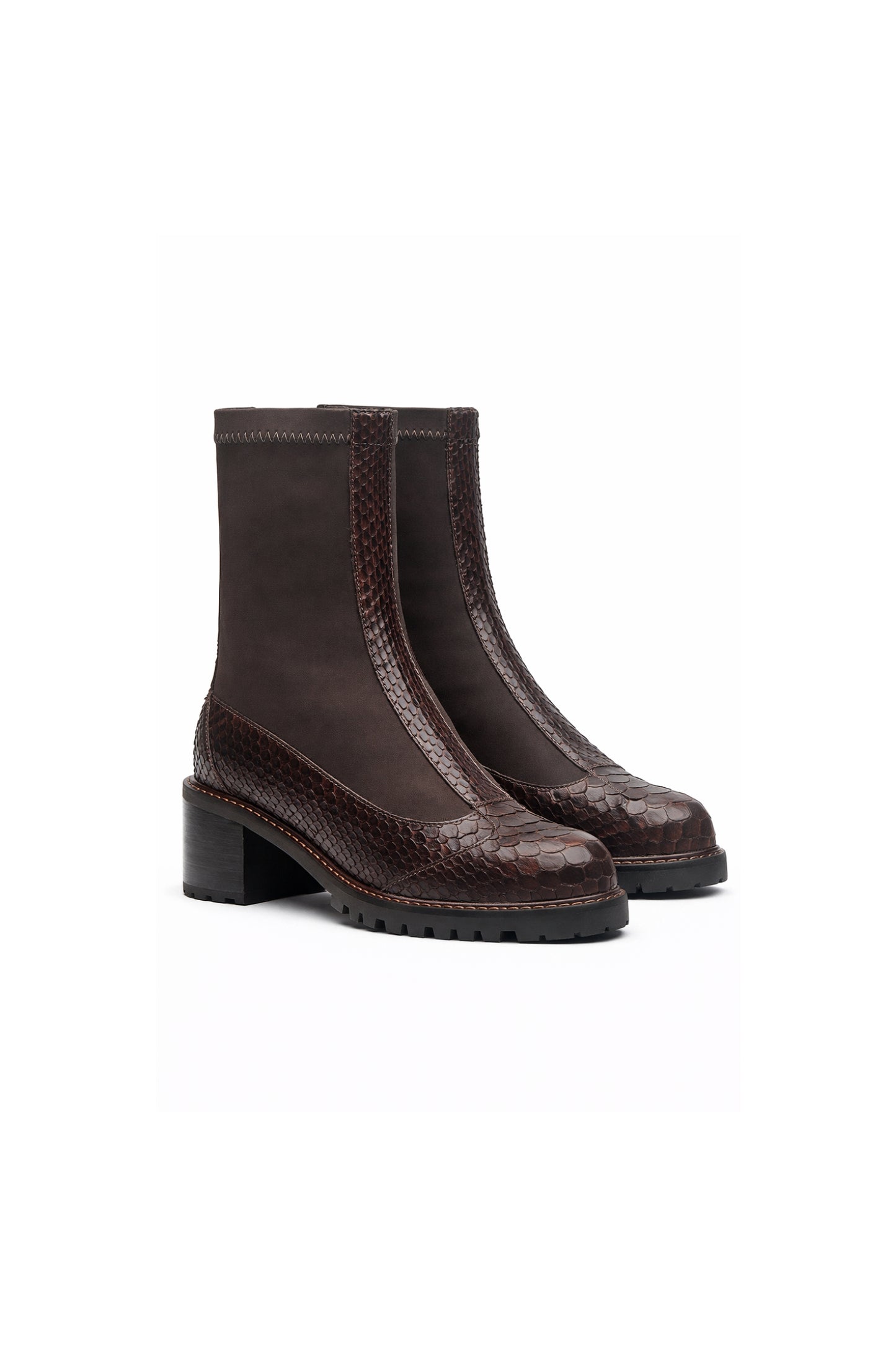 BOTA DUDA MADRE REINA COURO PYTHON COM MALHA DARK BROWN