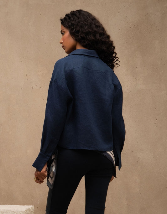 CAMISA CROPPED LINA MADRE REINA LINHO AZUL MARINE