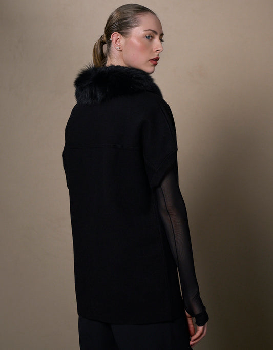 CASACO FOX LONGO MADRE REINA TRICOT COM PELE PRETO