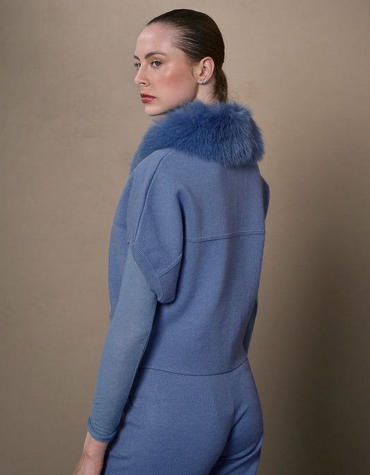 CASACO FOX MADRE REINA TRICOT COM PELE AZUL JEANS