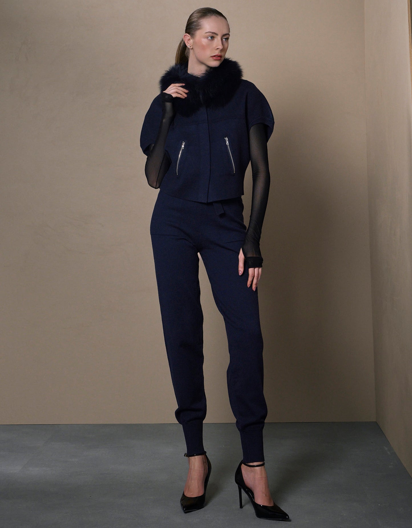 CASACO FOX MADRE REINA TRICOT COM PELE AZUL MARINE