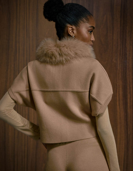CASACO FOX MADRE REINA TRICOT COM PELE CAMEL