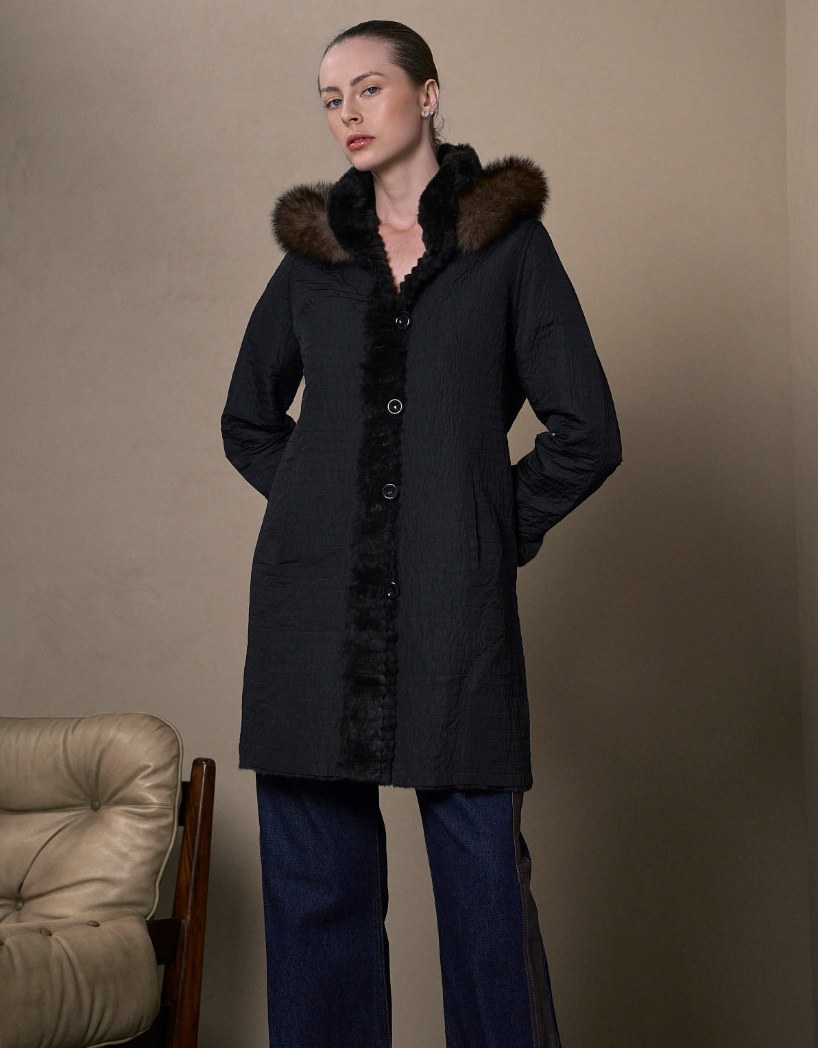 CASACO MARGO REVERSÍVEL MADRE REINA PELE MADEIRA