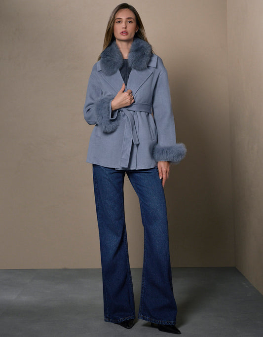 CASACO MEGAN MADRE REINA LÃ COM PELE AZUL JEANS