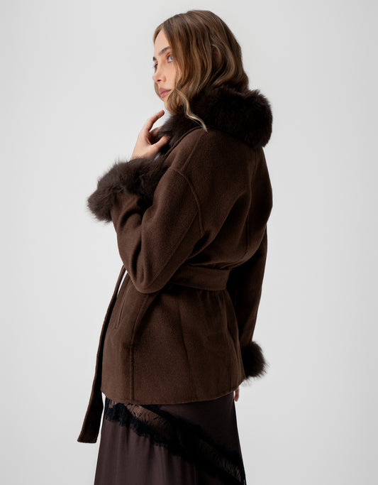 CASACO MEGAN MADRE REINA LÃ COM PELE MADEIRA