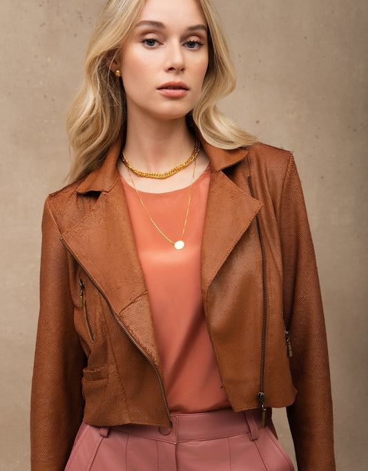 JAQUETA PERFECTO SERPENTE MADRE REINA COURO CARAMELO