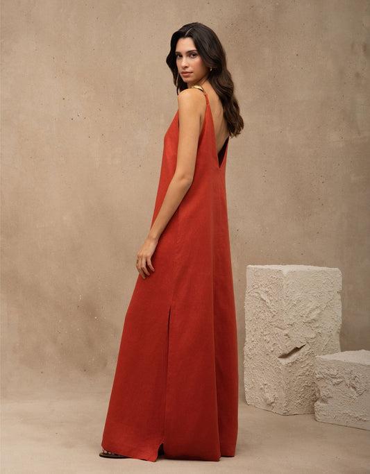 VESTIDO VERÔNICA MADRE REINA LINHO LARANJA PAPRIKA