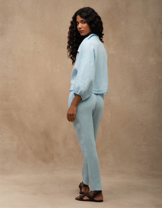 CALÇA EDUARDA MADRE REINA LINHO AZUL ÁGATA