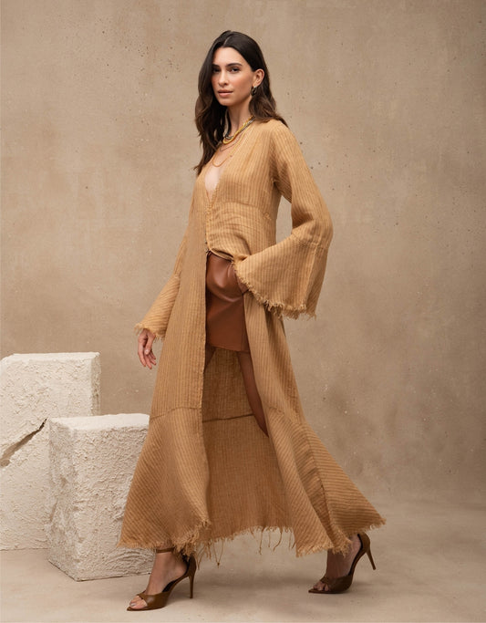 CHEMISE CLASSIC MADRE REINA LINHO CAQUI RISCA DE GIZ