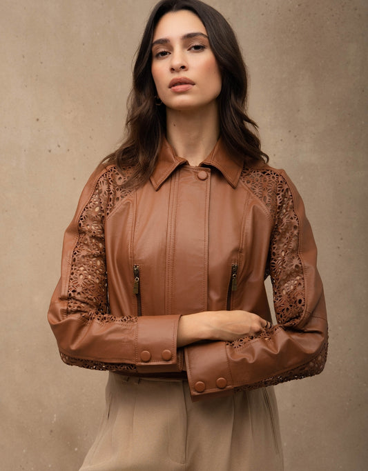 JAQUETA AYLA MADRE REINA COURO CARAMELO