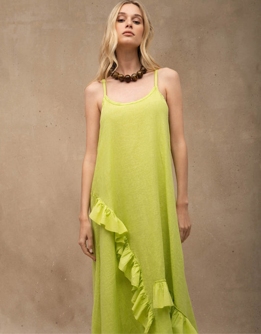 VESTIDO BABADOS MADRE REINA LINHO VERDE LUNAR