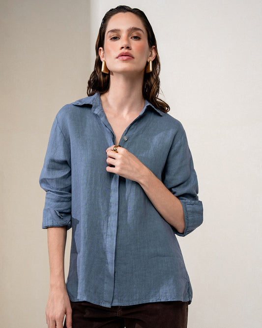 CAMISA CLASSIC MADRE REINA LINHO AZUL SERENO