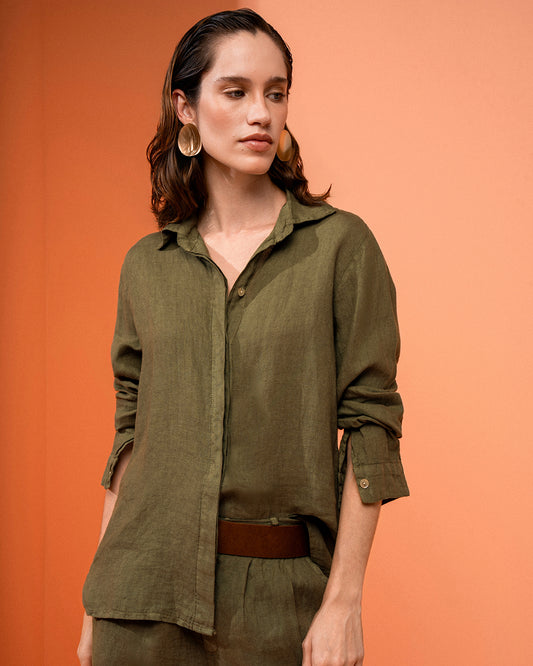 CAMISA CLASSIC MADRE REINA LINHO VERDE OLIVA