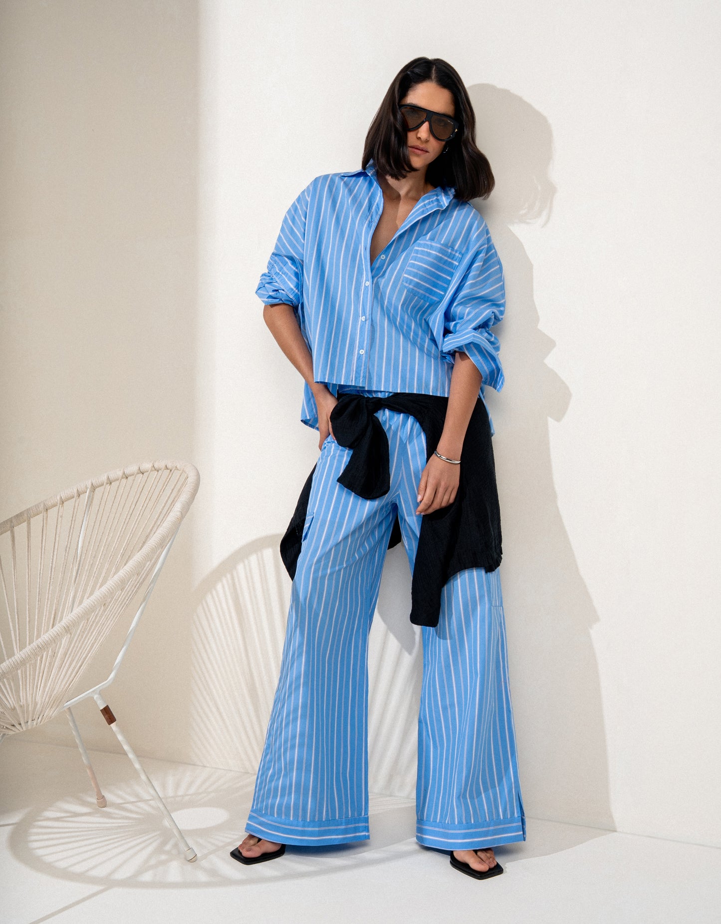 CALÇA LOLA MADRE REINA TRICOLINE LISTRAS AZUL