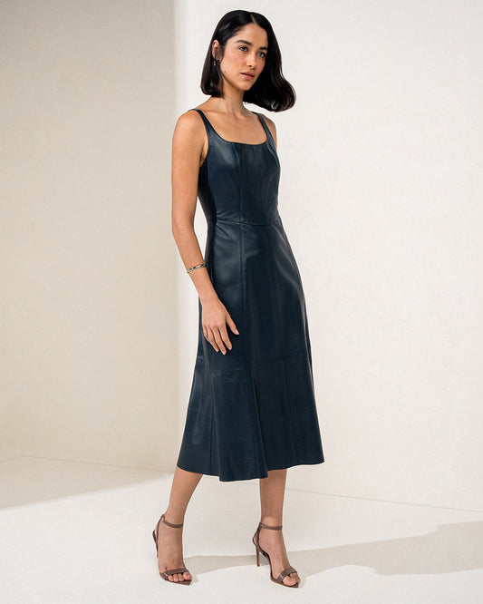 VESTIDO MIDI MILENA MADRE REINA COURO AZUL MARINE