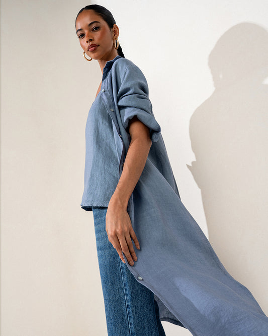 VESTIDO CHEMISE MADRE REINA LINHO AZUL SERENO
