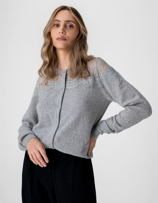 CARDIGAN RENDA MADRE REINA CASHMERE CINZA