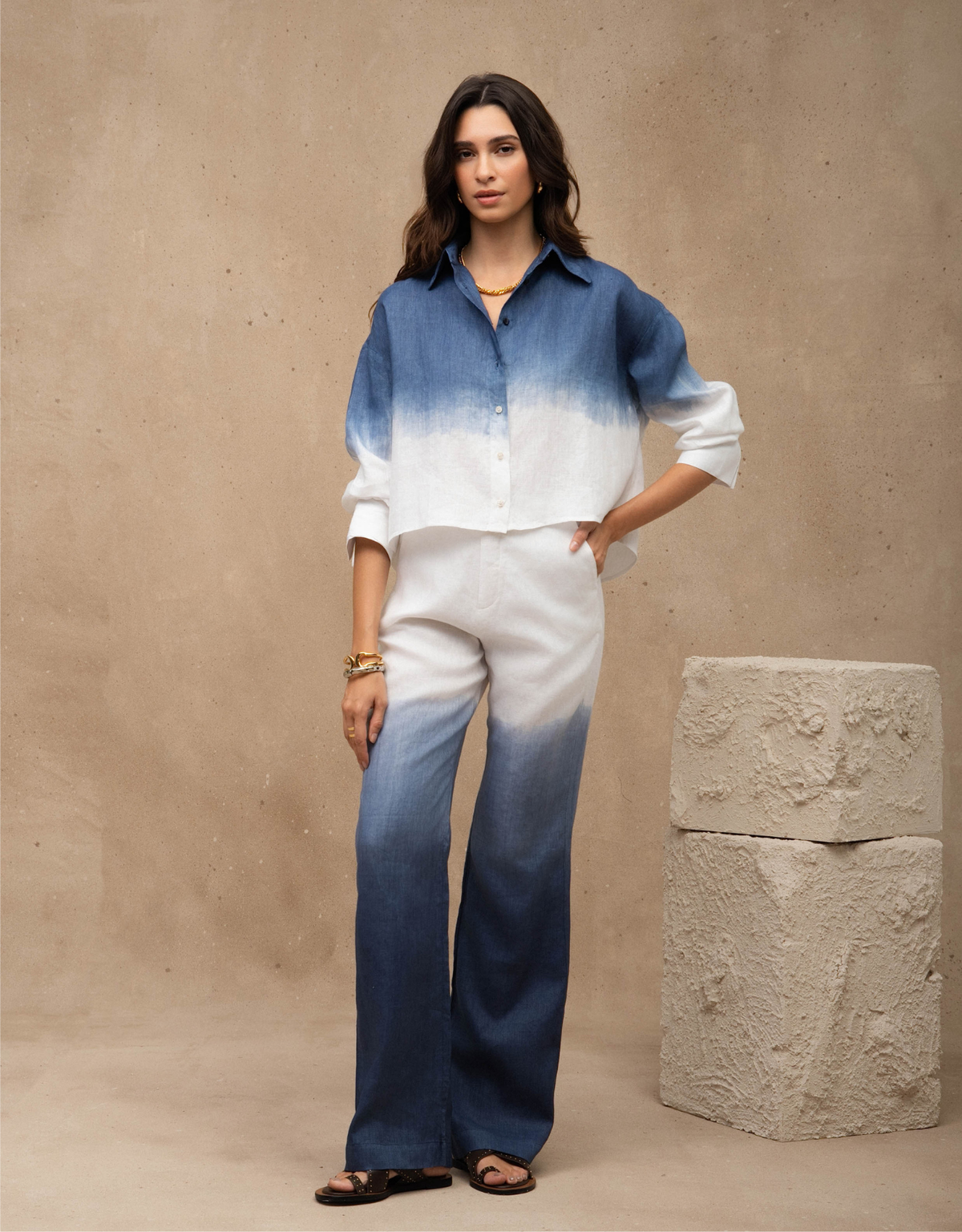 CALÇA LINA OMBRÉ MADRE REINA LINHO AZUL MARINE