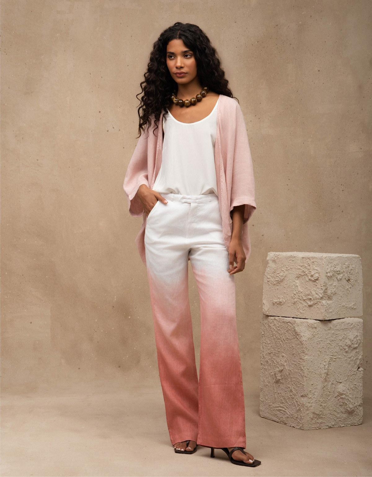 CALÇA LINA OMBRÉ MADRE REINA LINHO ROSA ROMÃ