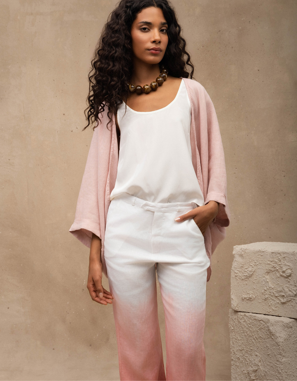 CALÇA LINA OMBRÉ MADRE REINA LINHO ROSA ROMÃ