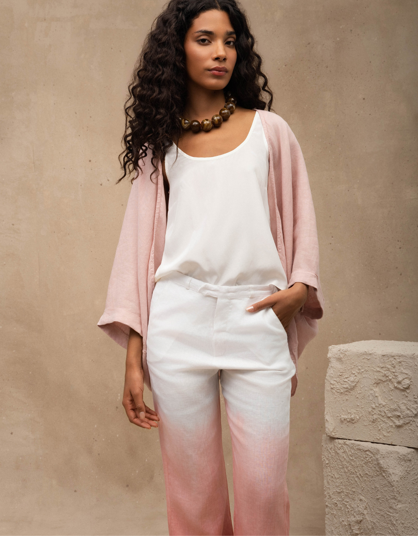 CALÇA LINA OMBRÉ MADRE REINA LINHO ROSA ROMÃ