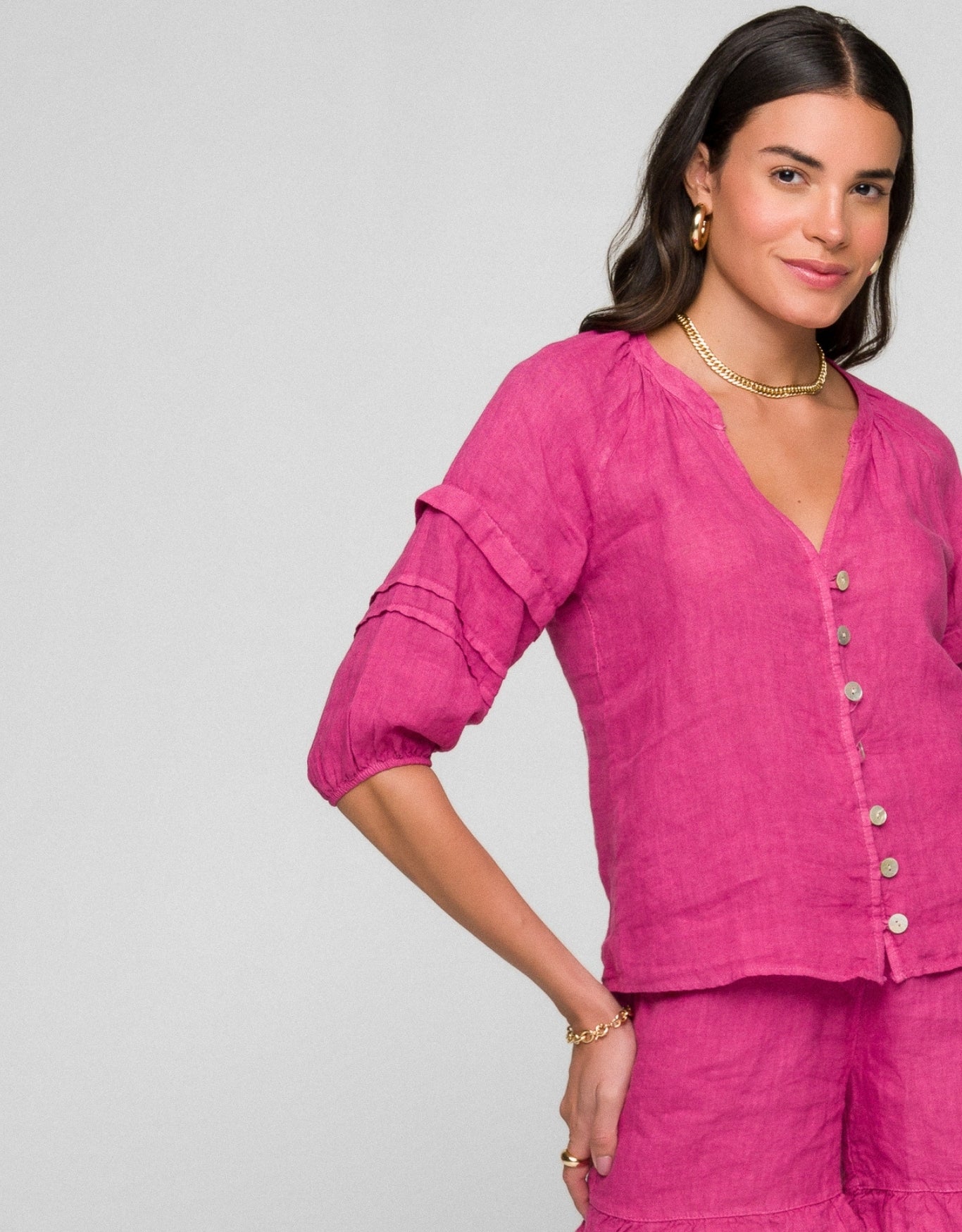 BLUSA GABI MADRE REINA LINHO ROSA AZALÉIA