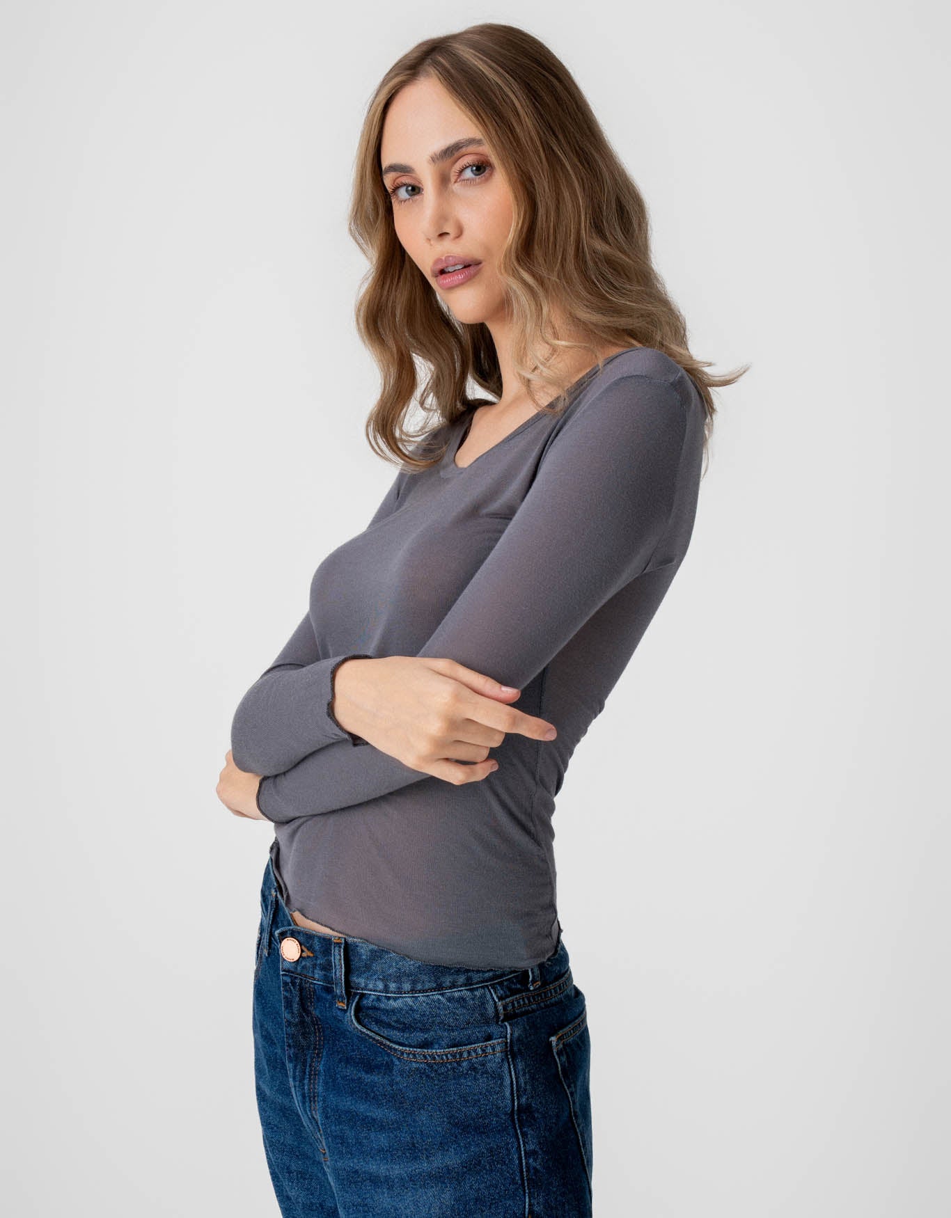 BLUSA NAT MADRE REINA MODAL CASHMERE CINZA ESTANHO