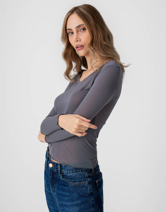 BLUSA NAT MADRE REINA MODAL CASHMERE CINZA ESTANHO