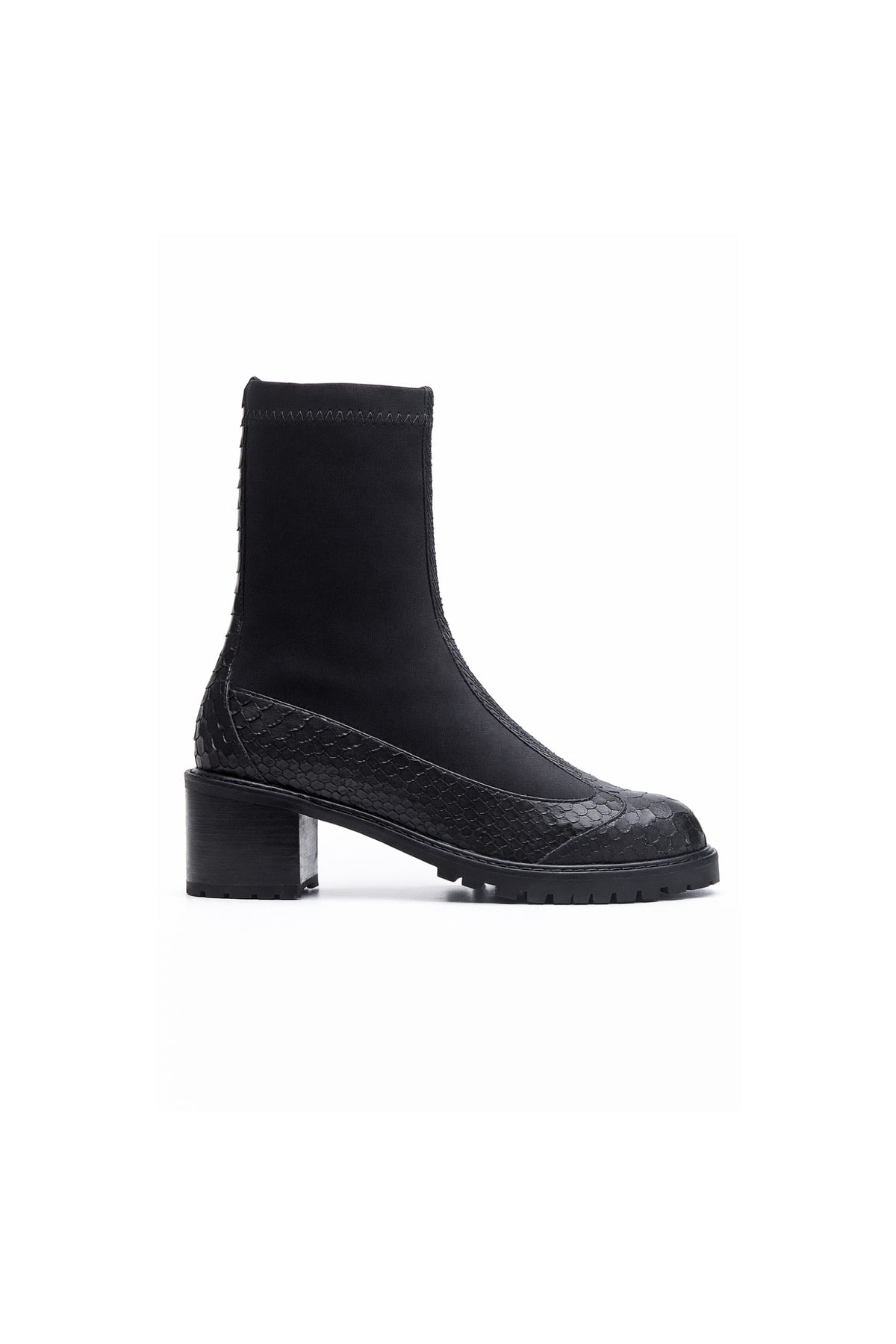 BOTA DUDA MADRE REINA COURO PYTHON COM MALHA PRETO