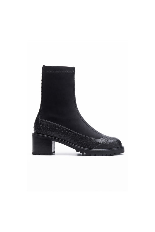 BOTA DUDA MADRE REINA COURO PYTHON COM MALHA PRETO