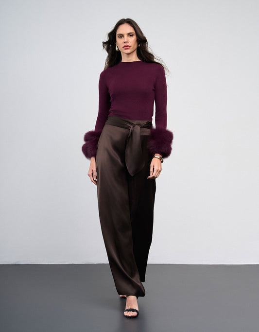 CALÇA AMANDA MADRE REINA SEDA DARK BROWN