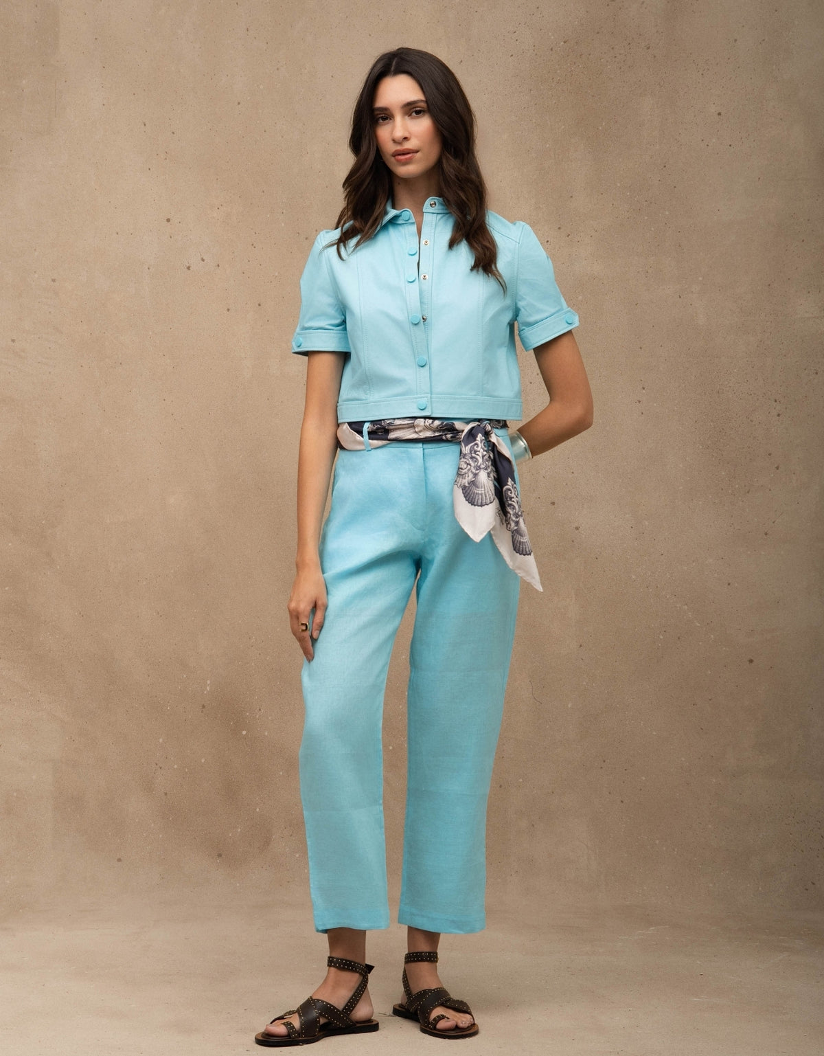 CALÇA ANNA MADRE REINA LINHO AZUL TURQUESA