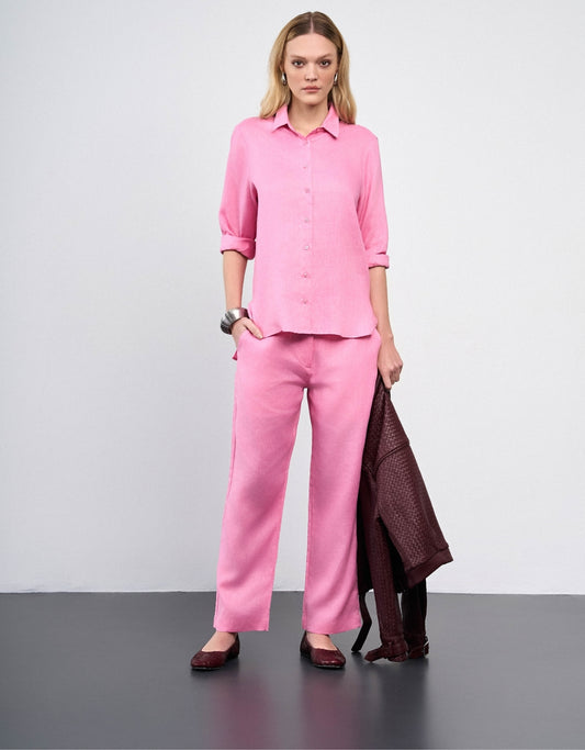 CALÇA ANNA MADRE REINA LINHO ROSA CRISTAL