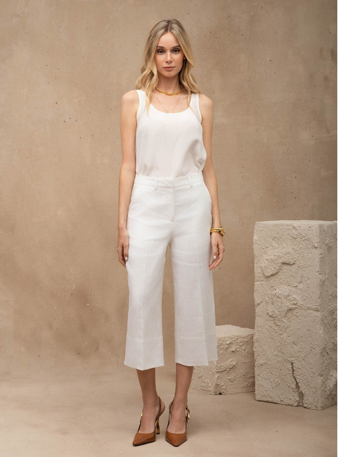 CALÇA CAPRI MARIAH MADRE REINA LINHO OFF WHITE