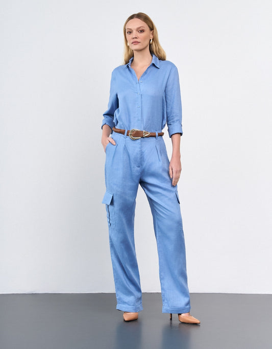 CALÇA LINEN BOLSOS MADRE REINA LINHO BLUE DAY