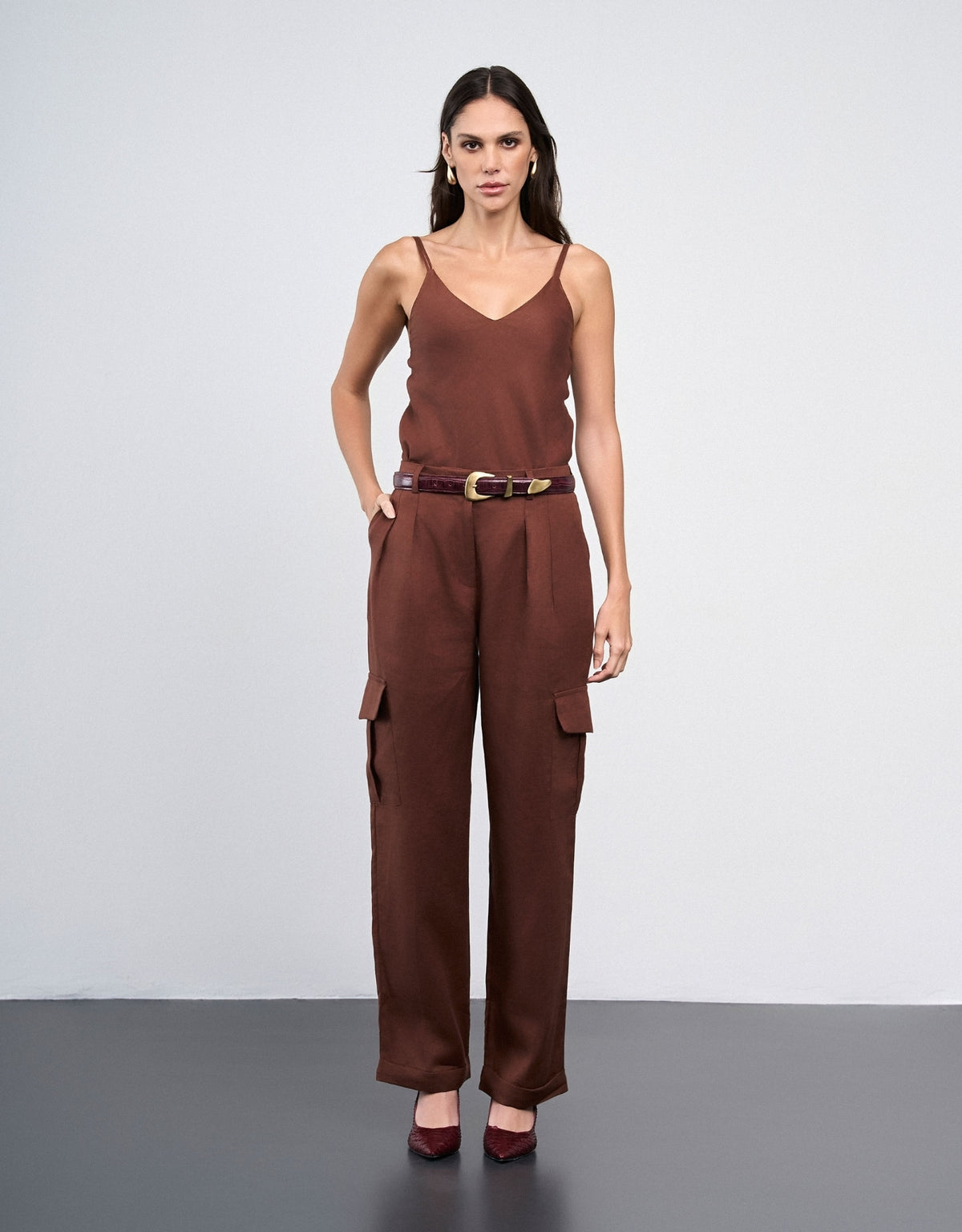 CALÇA LINEN BOLSOS MADRE REINA LINHO COFFEE