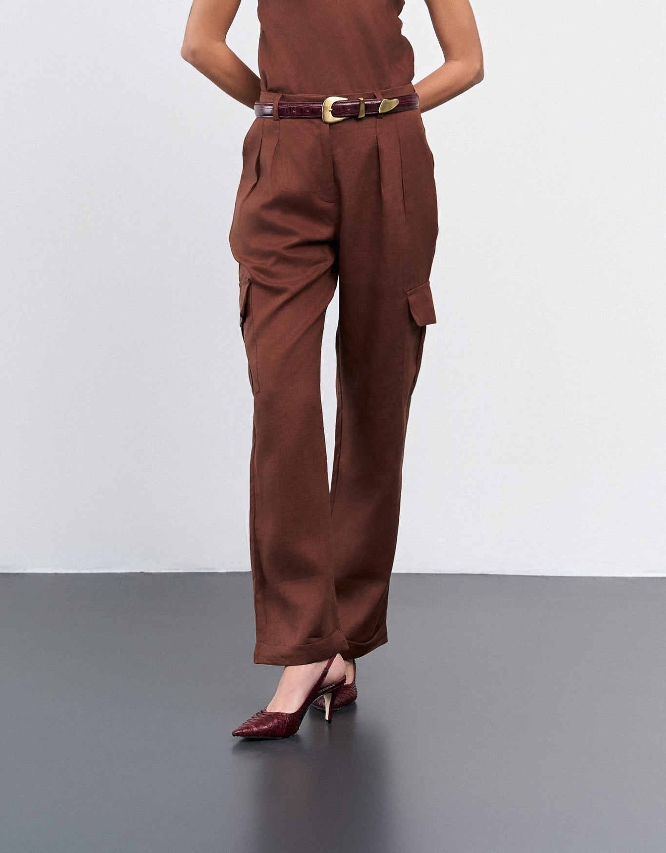 CALÇA LINEN BOLSOS MADRE REINA LINHO COFFEE