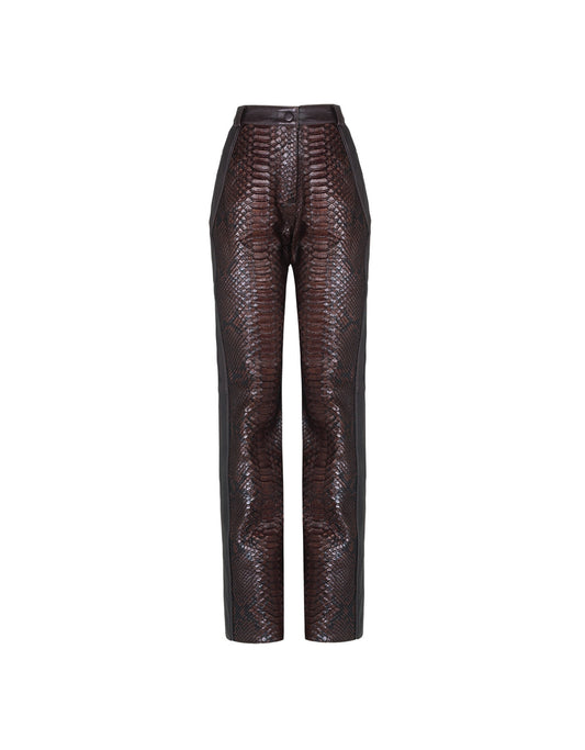 CALÇA MADRE REINA PYTHON COM COURO DARK BROWN