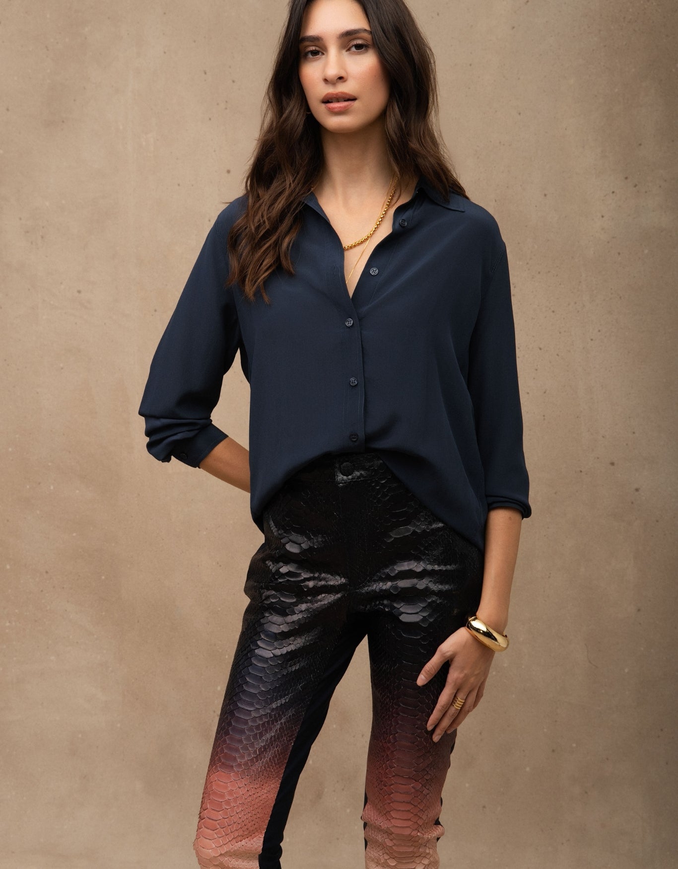 CALÇA MADRE REINA PYTHON COM MALHA DEGRADÊ ROSA ROMÃ/MARINE