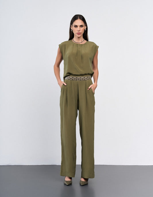 CALÇA MELINA MADRE REINA SEDA GREIGE