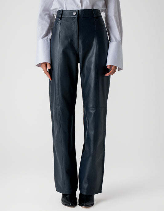 CALÇA TEREZA MADRE REINA MALHA COM COURO AZUL MARINE