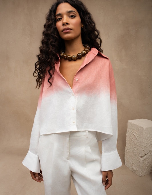 CAMISA CROPPED LINA OMBRÉ MADRE REINA LINHO ROSA ROMÃ