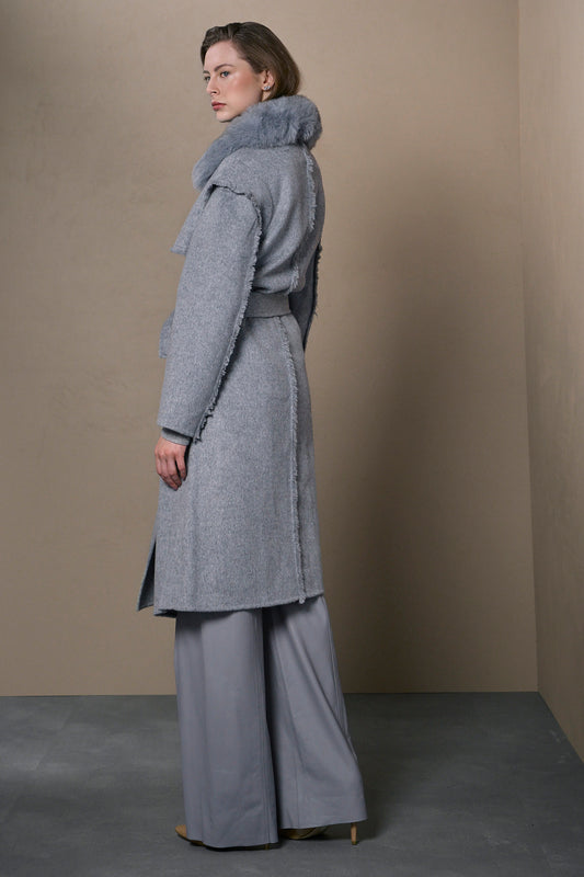 CASACO FLORENCE MADRE REINA LÃ COM PELE CINZA ESTANHO