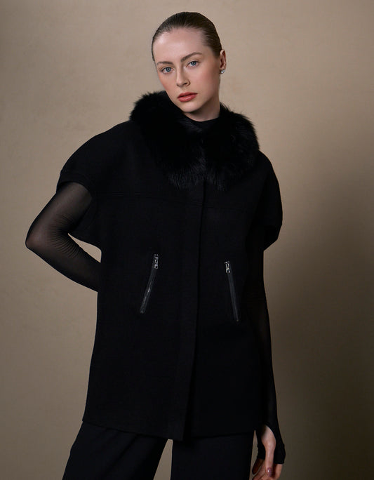 CASACO FOX LONGO MADRE REINA TRICOT COM PELE PRETO