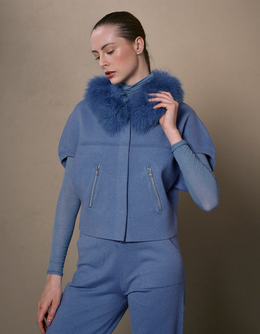 CASACO FOX MADRE REINA TRICOT COM PELE AZUL JEANS