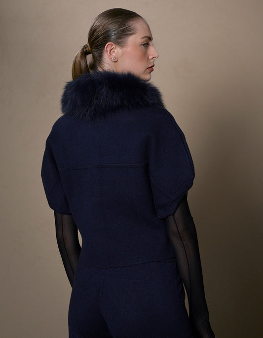 CASACO FOX MADRE REINA TRICOT COM PELE AZUL MARINE