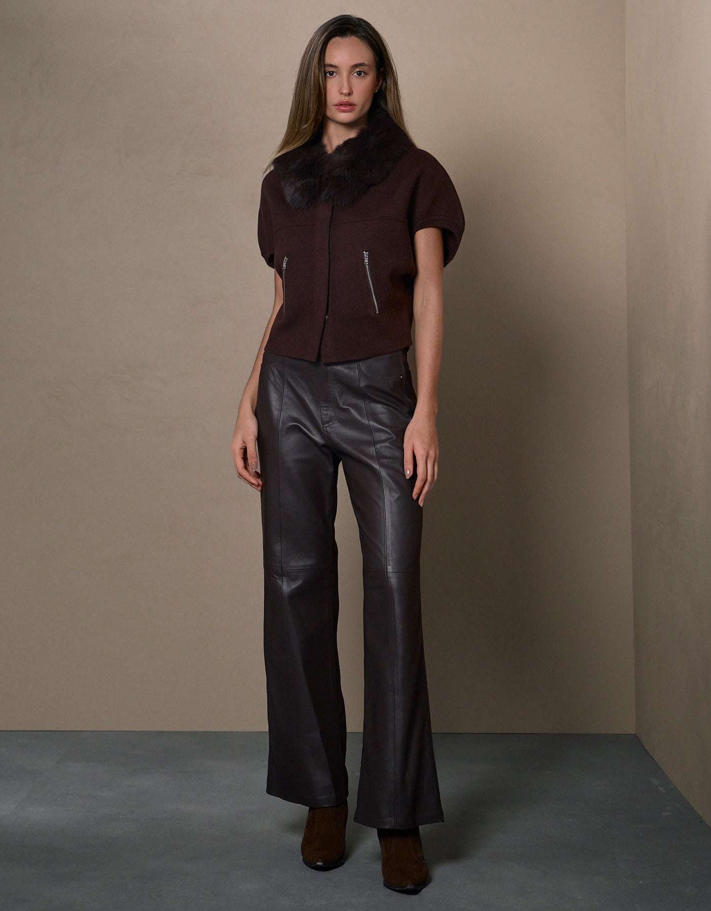 CASACO FOX MADRE REINA TRICOT COM PELE MADEIRA