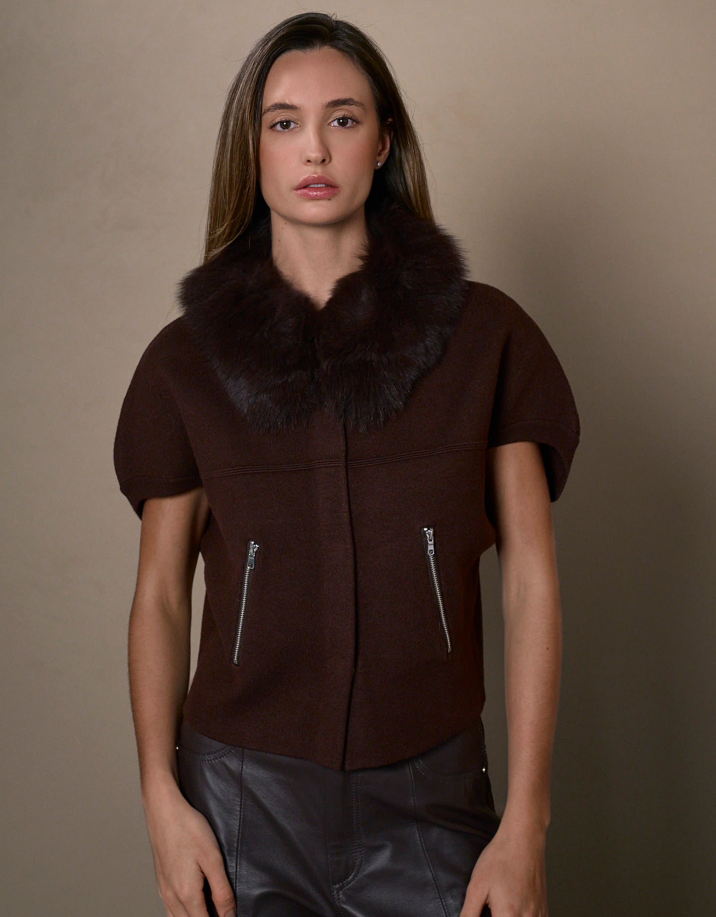 CASACO FOX MADRE REINA TRICOT COM PELE MADEIRA
